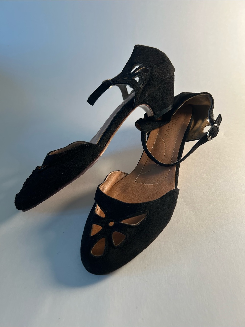 LIURUIJIA Women's Black Faux Suede Cutout Ankle-Strap Heels Size 42 (9.5/10)
